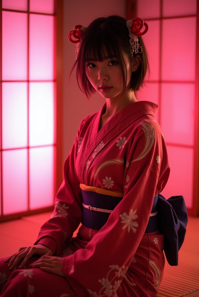 ((Japanese actress)) ((Plump and glossy lips)) Big Breasts ((Short brown hair with bangs)) ((Looking into the camera)) Sit with your legs apart ((Oiran kimono)) Hair tying hair ornaments Low angle shot of a person standing facing forward Looking down ((A bedroom with shoji screens and tatami tatami lit up with pink neon lights))