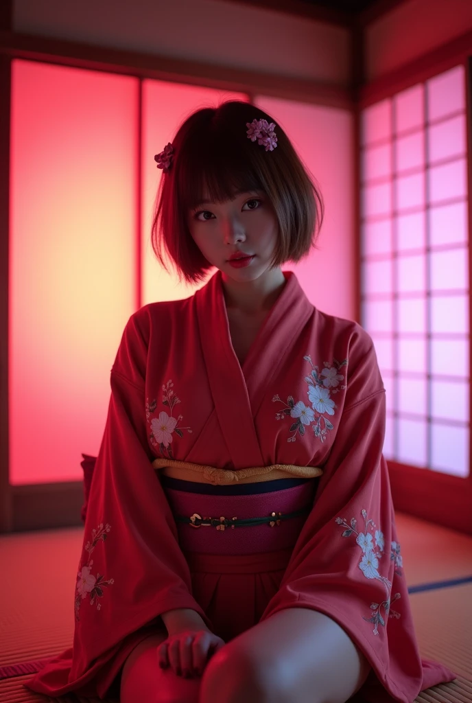 ((Japanese actress))　((Plump and glossy lips))　Big Breasts　((Short brown hair with bangs))　((Looking into the camera))　Sit with your legs apart　((Oiran　kimono))　Hair tying　hair ornaments　Low angle shot of a person standing facing forward　Looking down　((A bedroom with shoji screens and tatami tatami lit up with pink neon lights))　