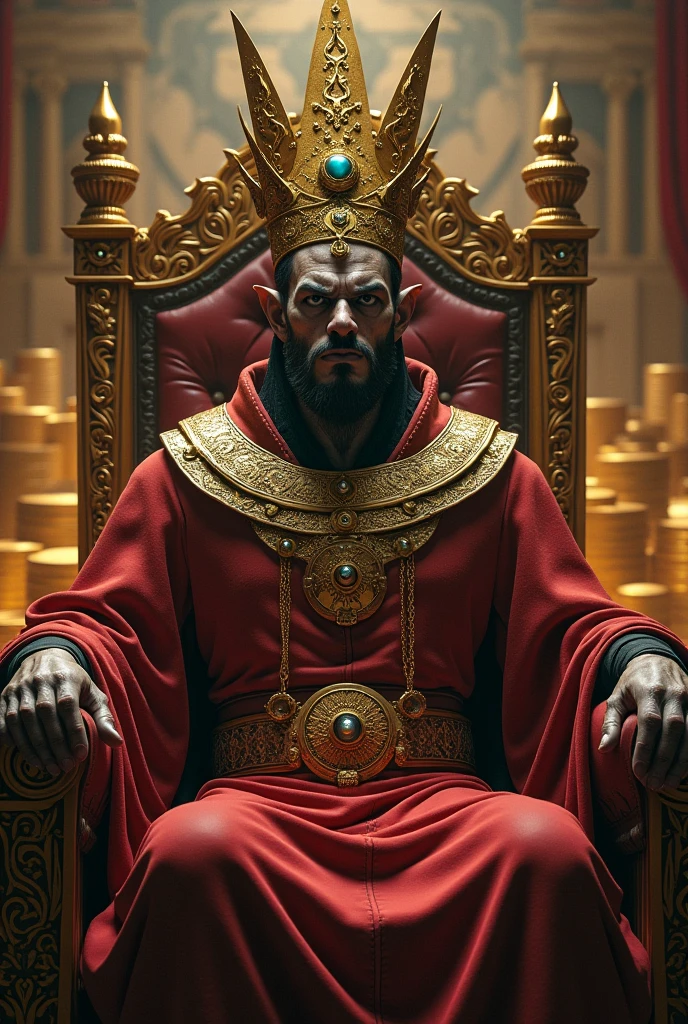 Image of the face of the same Martian sitting on his throne with his king's crown, with an intimidating winning look, as if he had won a competition. In the background you can see money