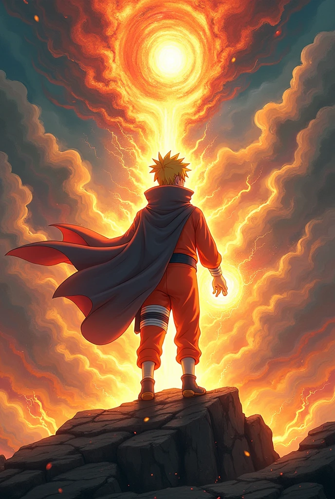 Design a vibrant and energetic scene of Naruto Uzumaki during a significant moment of triumph or transformation. **Depict Naruto standing on a rocky outcrop or high ground, facing towards a dramatic backdrop of swirling energy and stormy skies.** He should be in his iconic Sage of the Six Paths mode, with the Rasengan or Kurama’s chakra visibly emanating from his hands or swirling around him. 

Capture the intensity of the moment with dynamic lighting effects, emphasizing the energy and power radiating from Naruto. Show his cloak fluttering dramatically in the wind, and his expression should reflect determination and exhilaration. 

Add a background that includes lightning, swirling chakra, or a stylized energy field to enhance the scene’s impact. Include a caption like “Naruto’s Moment of Triumph: Unleashing the True Power of the Sage!” in bold, electrifying text at the bottom to convey the high-stakes, goosebumps-inducing nature of the event.