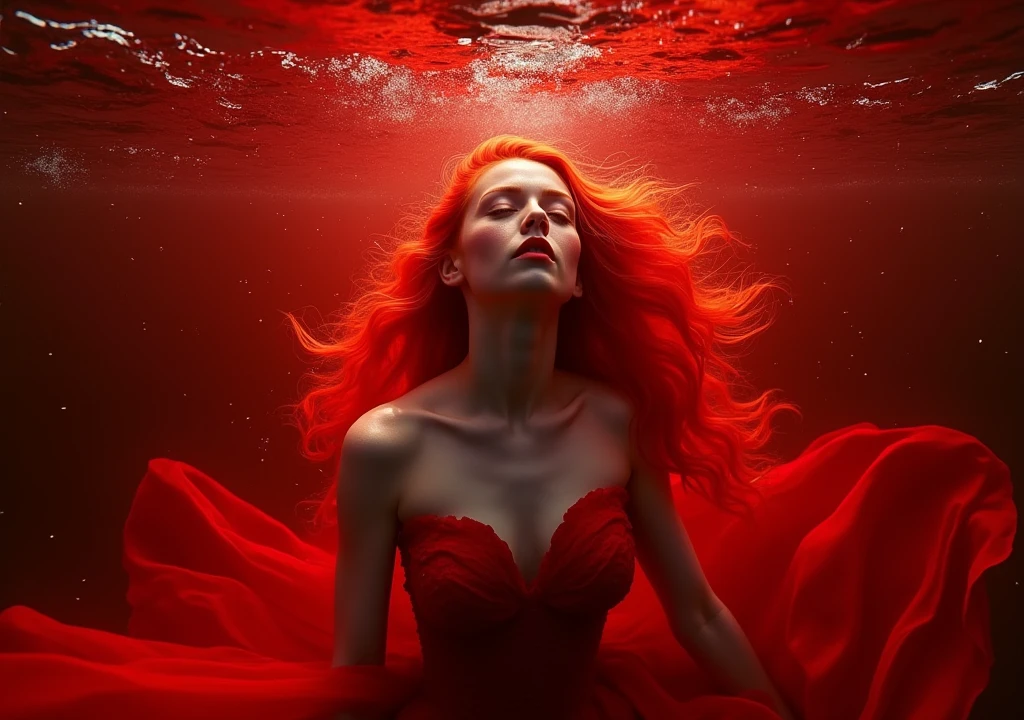 red-haired woman,inside a red sea at the bottom