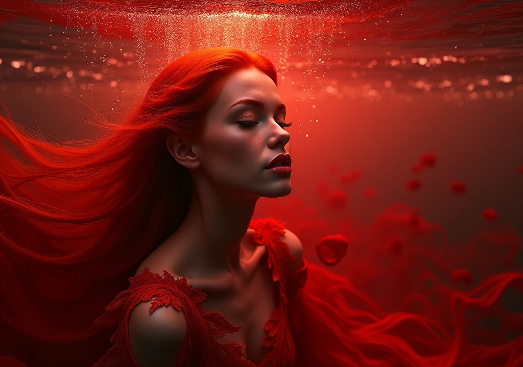 red-haired woman,inside a red sea at the bottom
