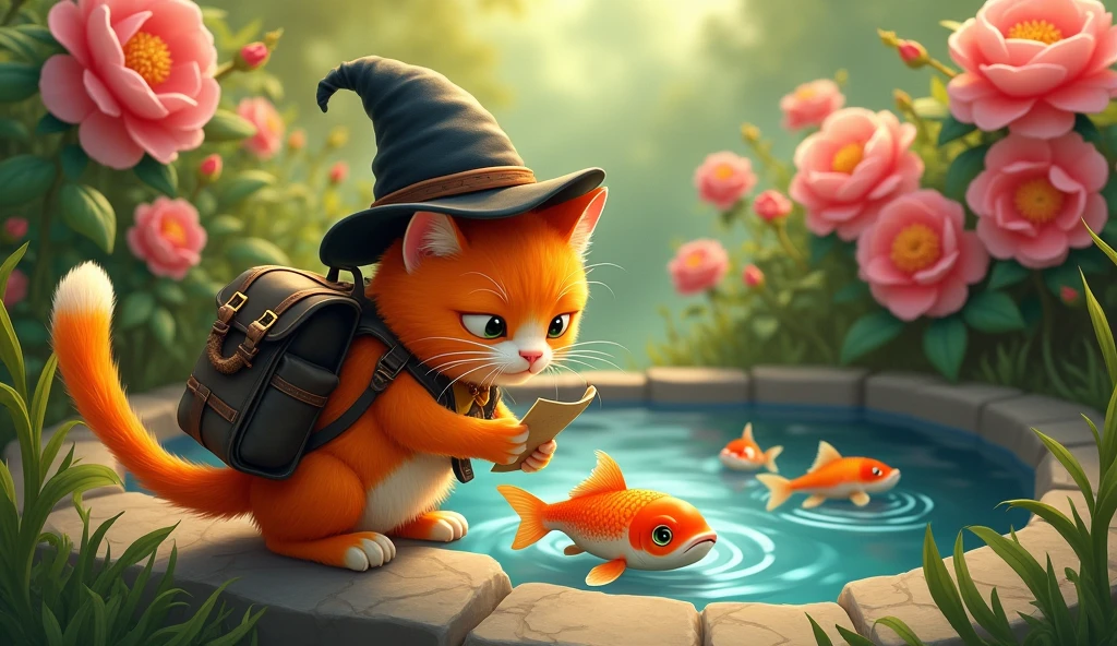 imagine /a wishker orange cat with black hat and back pack to a fish pond with clue paper in a garden cluster full roses for kids cartoon generate


