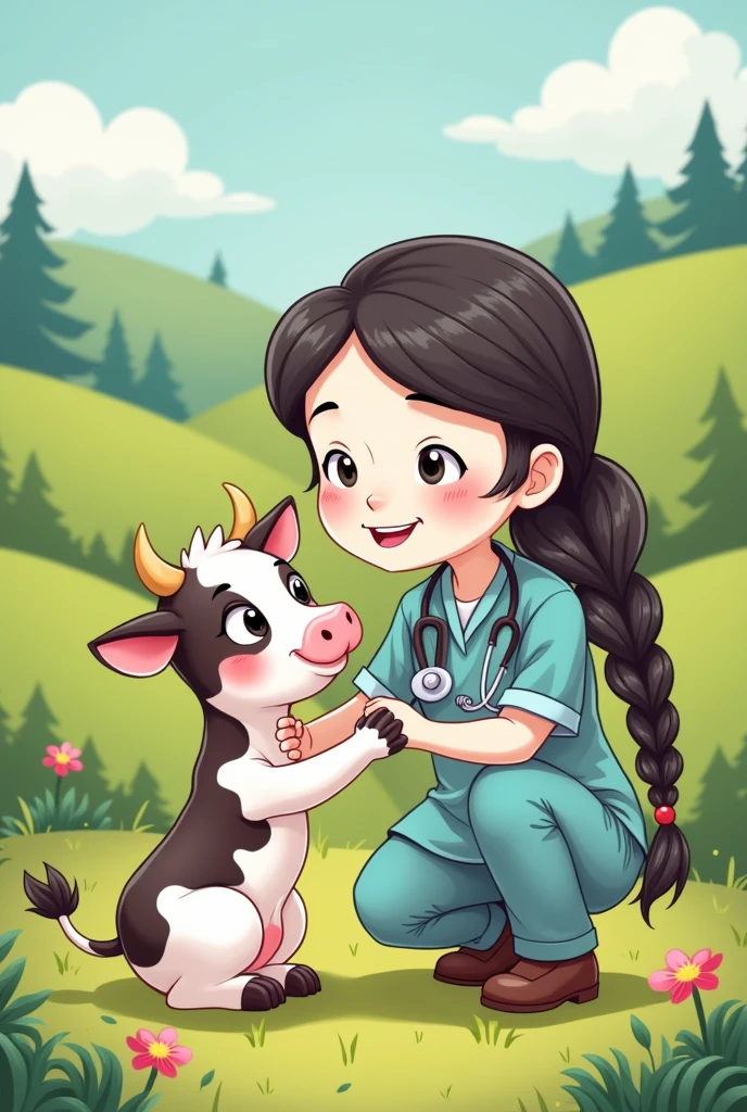 Cartoon drawing of a female veterinarian with white skin, long dark hair braided in a ponytail, with a baby cow 