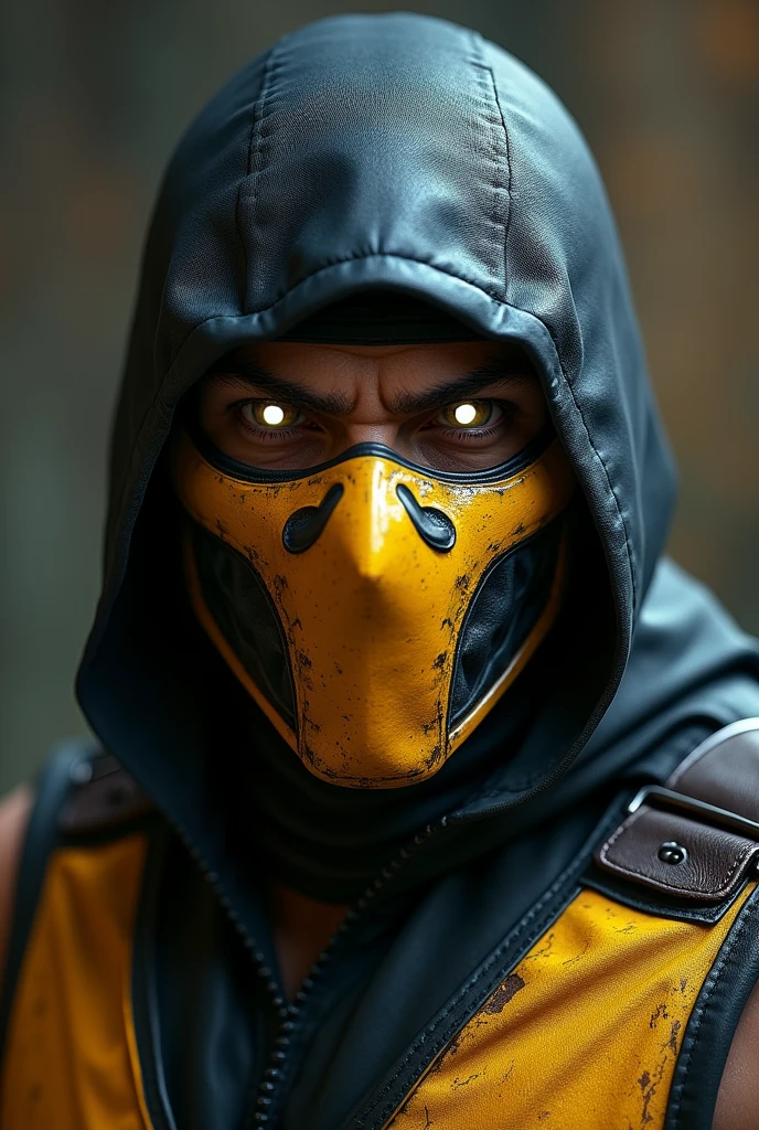 Hyper Focus Portrait, scorpion (mortal kombat) classic character costume without mask, eye white, realisitic, a very muscular body in the renatosphere, epic 3D realism, swollen muscles, large fists, best in wlop, kan liu, daz3d, trends in CGsociety, estilo realisitic hiperdetalhado, completo cosplay, by Ric Nagualero, album, hyung tae kim, 8k, irreal engine 5, film composition, retratos realisitics hiperdetalhados, 3D game art, CG Society, Fantasyart, hd art of season, estética realisitic, cinematic lighting, border light, smooth light, border light de filme, fine glow, ultradetailed, 8k, uso realisitic de luz e cor, cinematic light, rendered in cinema4d 500–1000 AD -- ar 3:4- Niji 6