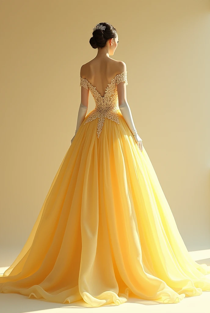 A light yellow dress with a long train, with white details, wearing a white glove,very voluminous