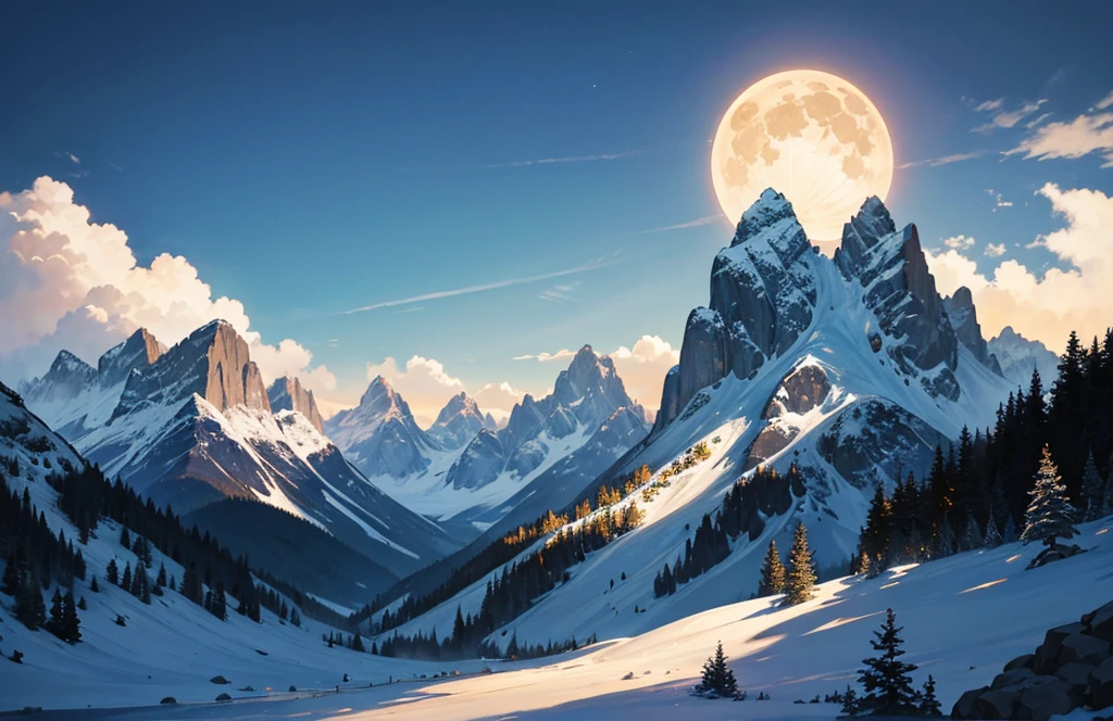 a majestic landscape in the dark. it is a full moon. mountains and hills in the background.