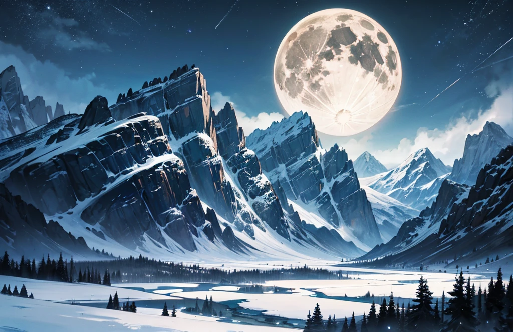 a majestic landscape in the dark. it is a full moon. mountains and hills in the background.