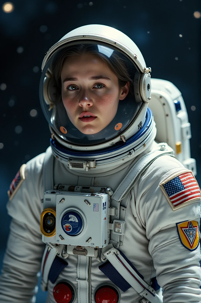 Realistic photo of a 29 year old girl dressed in (Spaceman), I'm going to connect to the body, she is in space with lots of stars around