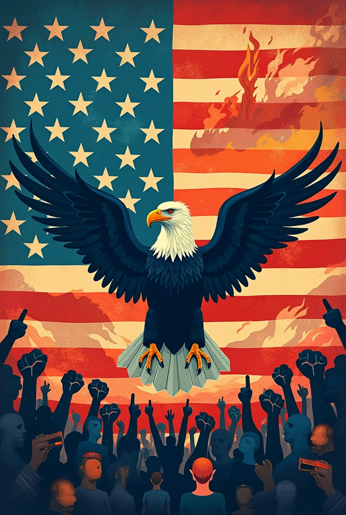 Create a new flag of the United States, with the stripes, colors, stele, and with Images that incorporate issues such as, Racial inequality, climate change, Human rights. 
