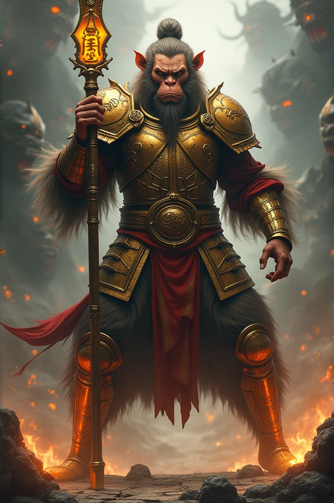 Hyperrealistic, Monkey King (Sun Wukong) in a powerful, battle-ready pose, intense piercing eyes, individually detailed fur, intricate gold patterns of ancient, weathered armor, gripping the Ruyi Jingu Bang with glowing etched runes, surrounded by swirling shadows and fog hinting at demonic faces, cracked jagged ground glowing faintly with embers, dramatic lighting casting deep shadows on his face and armor 
