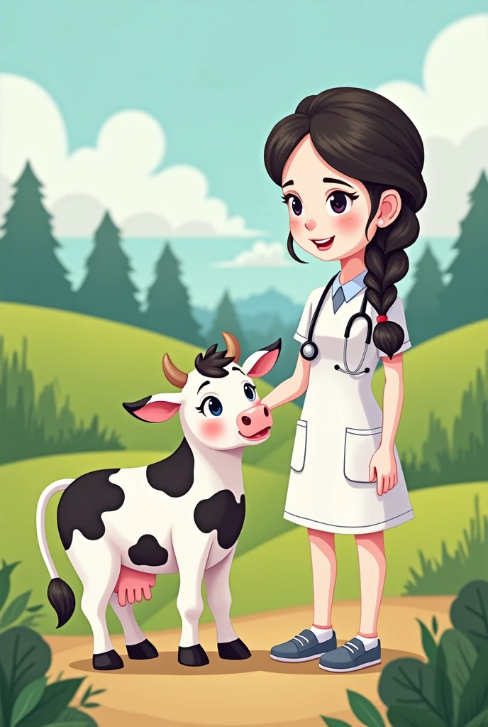 Cartoon drawing of a female veterinarian with white skin, long dark hair braided in a ponytail, with a baby cow 
