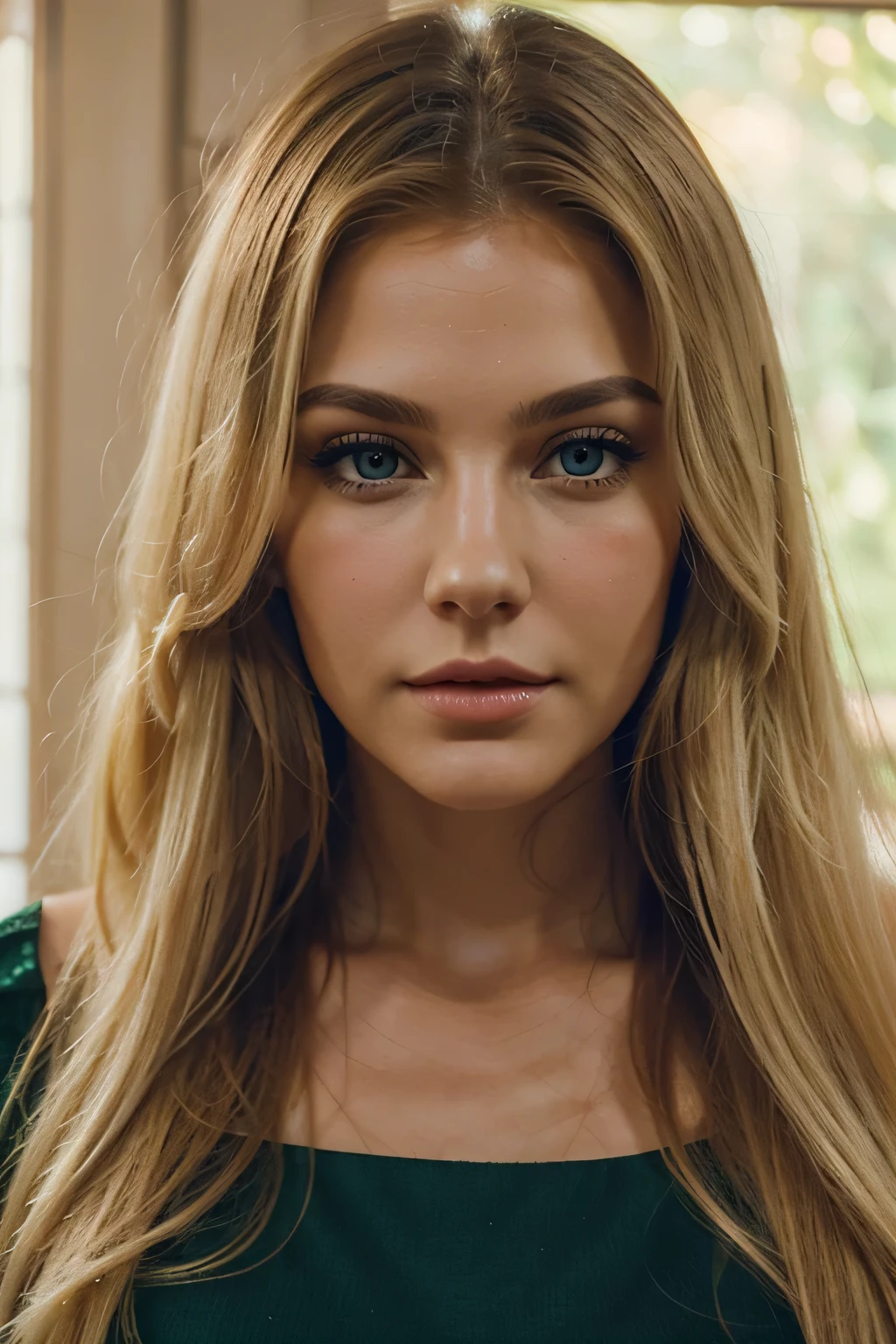 Pretty woman very realistic, with a square face, fine and long blond hair long to the shoulders. Dark green eyes. The light is clear and beautiful