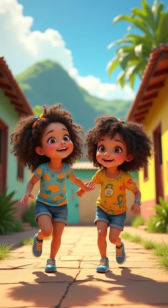 The image shows two 2--old n girls, with curly hair and bright eyes. They are dressed in colorful, patterned clothes., typical for children of this age. Thirls are playing in an outdoor space, with Morro da Formiga and Tijuca in the background. The scenery is vibrant, with simple and colorful houses typical of the region. The surrounding environment is cheerful and full of life., reflecting the energy and vivacity of the girls as they explore their surroundings.