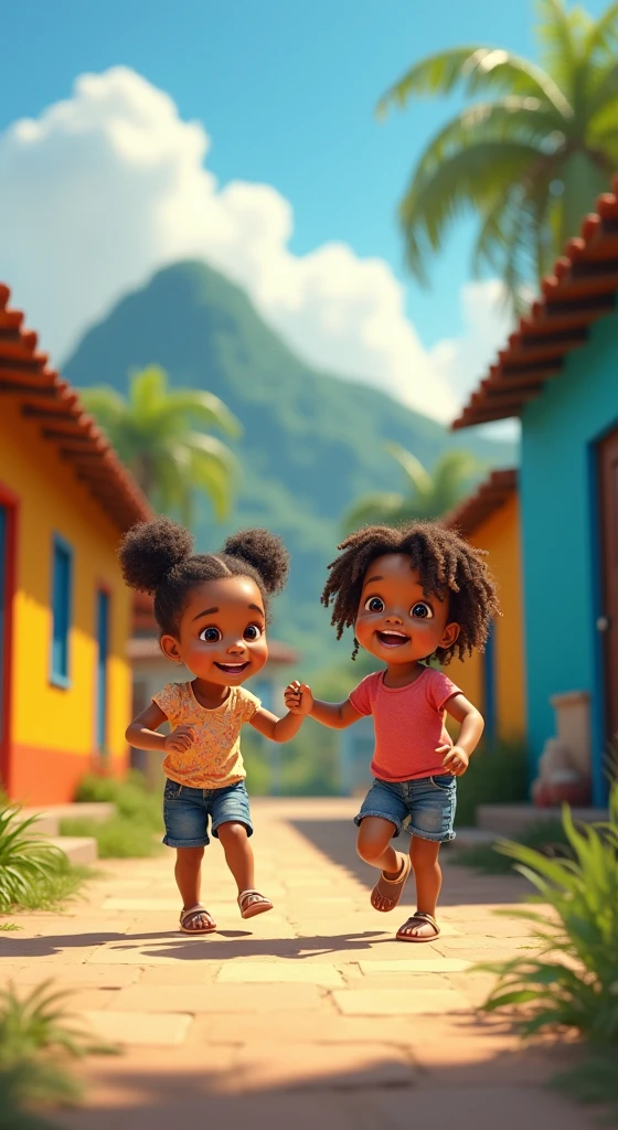 The image shows two 2-year-old twin girls, with curly hair and bright eyes. They are dressed in colorful, patterned clothes., typical for children of this age. The girls are playing in an outdoor space, with Morro da Formiga and Tijuca in the background. The scenery is vibrant, with simple and colorful houses typical of the region. The surrounding environment is cheerful and full of life., reflecting the energy and vivacity of the girls as they explore their surroundings.