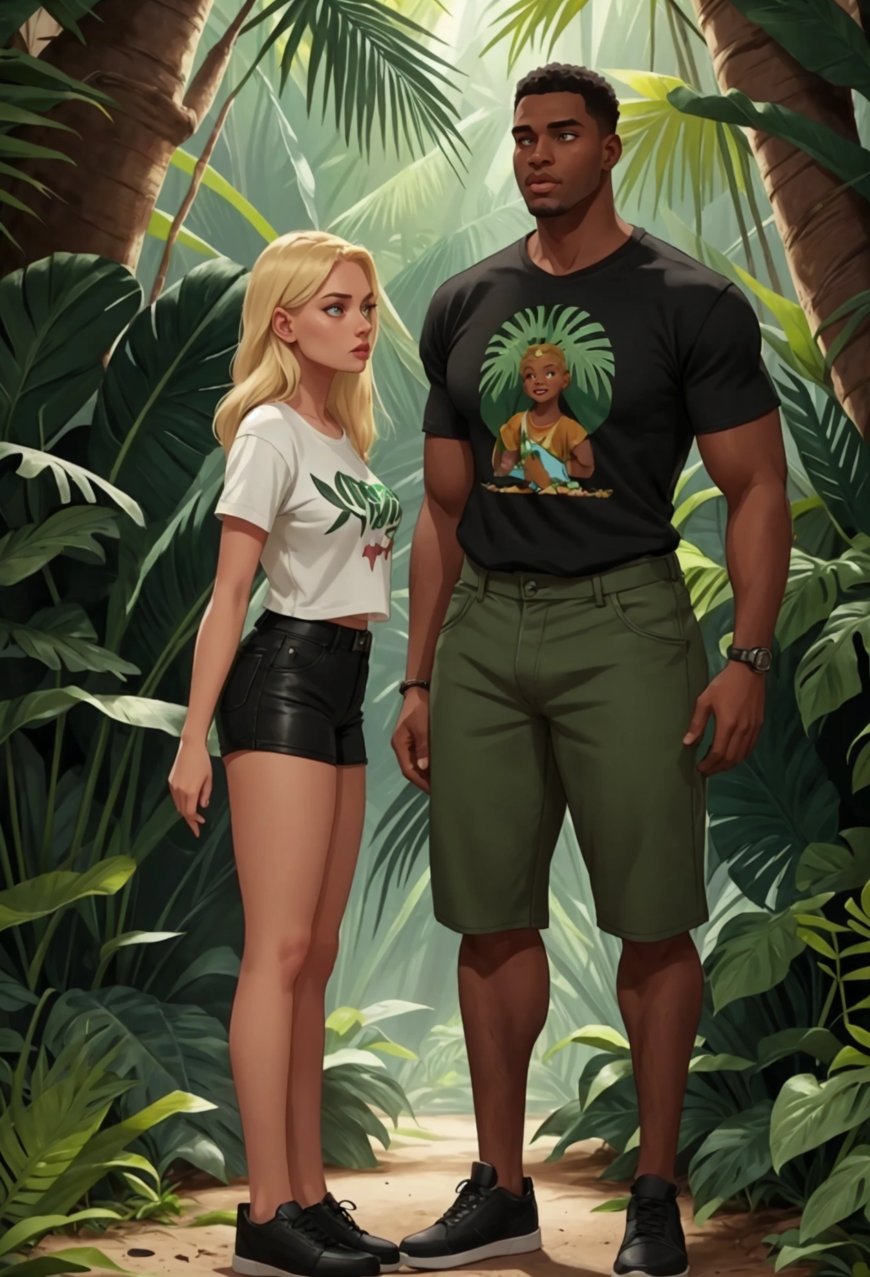 man much shorter than woman,tropical forest, a 2 meter tall blonde woman, wearing It Girl High Waist Jean Shorts and a short dry fit t-shirt, next to a 1.74 meter tall black man, wearing green dry fit shorts and a black t-shirt, wearing leather shoes, surviving in a tropical forest, man shorter than the woman, black man, white women, hyper detailed, full hd, 4k,  man shorter than the woman hyper realistic 