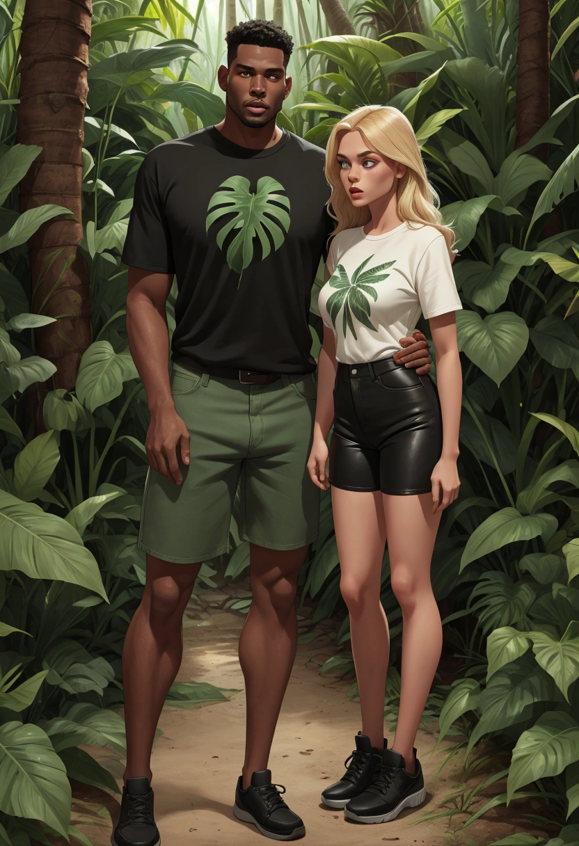 man much shorter than woman,tropical forest, a 2 meter tall blonde woman, wearing It Girl High Waist Jean Shorts and a short dry fit t-shirt, next to a 1.74 meter tall black man, wearing green dry fit shorts and a black t-shirt, wearing leather shoes, surviving in a tropical forest, man shorter than the woman, black man, white women, hyper detailed, full hd, 4k, man shorter than the woman hyper realistic
