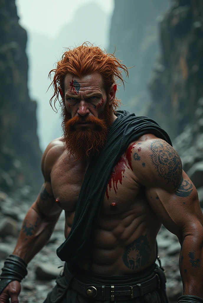 red haired man with freckles and scars in hades underworld