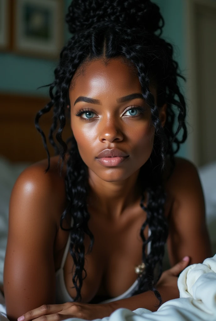 adult black woman + waterfall braid + blue eyes + Khmer-Afro-americano + inside + lying on her bed + perspiring