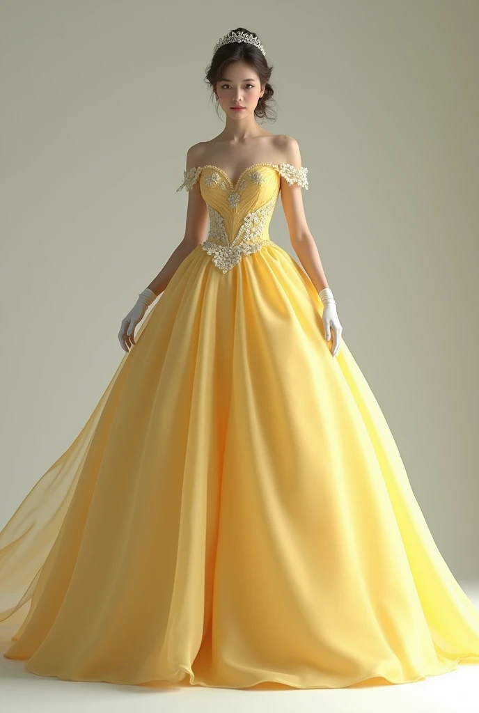 A light yellow dress with a long train, with white details, wearing a white glove,very voluminous, with the person in front 