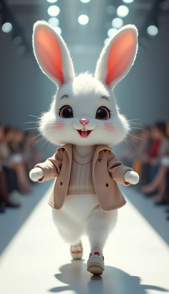 A cute little white rabbit,Smiling,Very confident wearing fashionable style showing on the catwalk,The background is the catwalk. HD camera captures scene images.