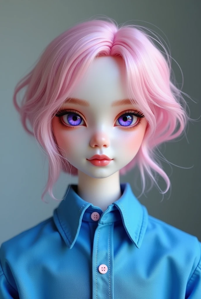 Create a doll with pink hair, a blue shirt, glowing purple eyes, white skin but not very light, that is a man