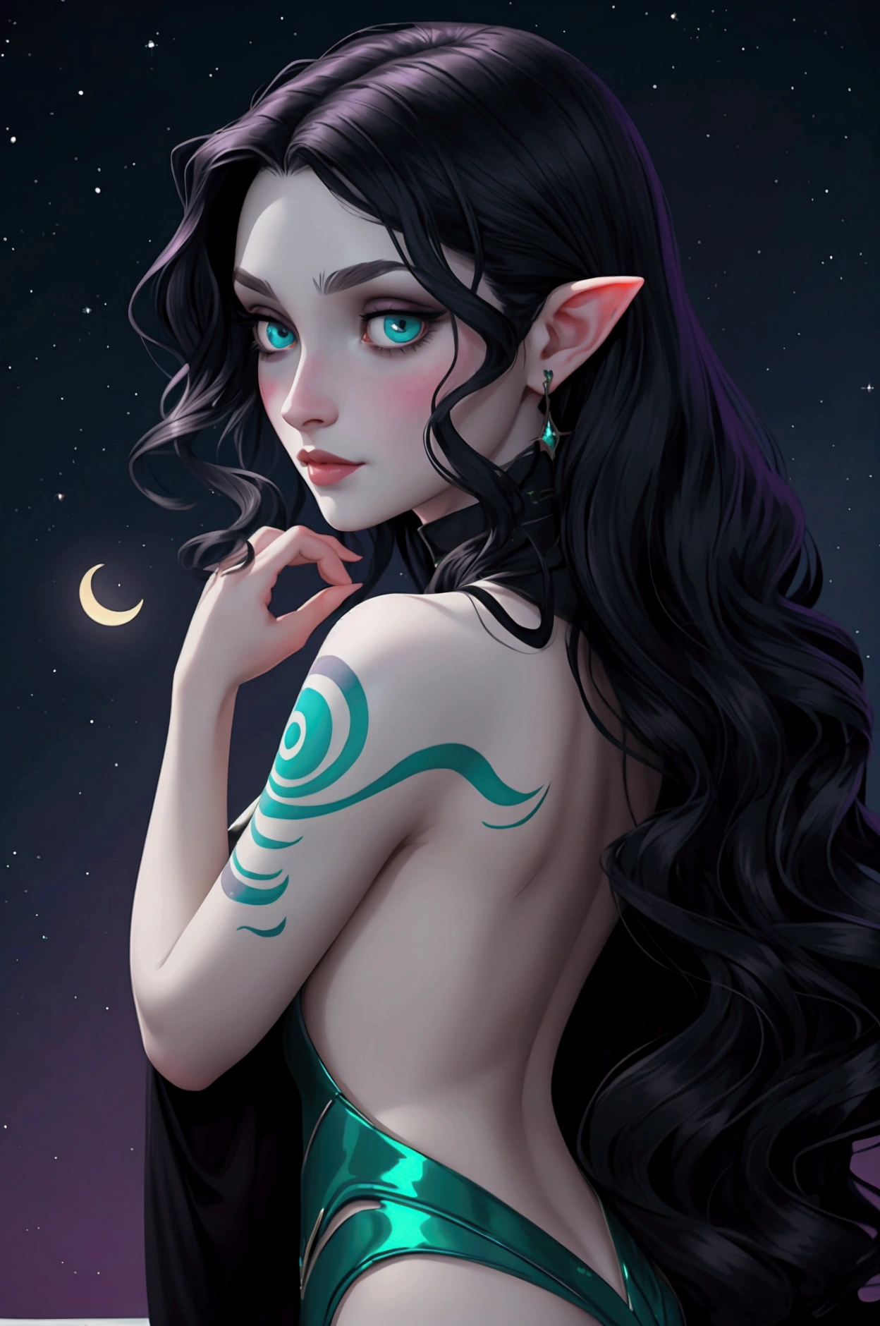 Elara is strikingly beautiful, with long, raven-black hair that cascades down her back in soft waves. Her eyes are a brilliant emerald green, contrasting sharply with her dark hair and pale skin. Her complexion is slightly warmer than most vampires, with a faint blush that hints at her elven heritage. She is and lithe, with an air of quiet elegance. Elara has a small, intricate tattoo of a crescent moon on her wrist, symbolizing her loyalty to Calista and the Starveil clan.