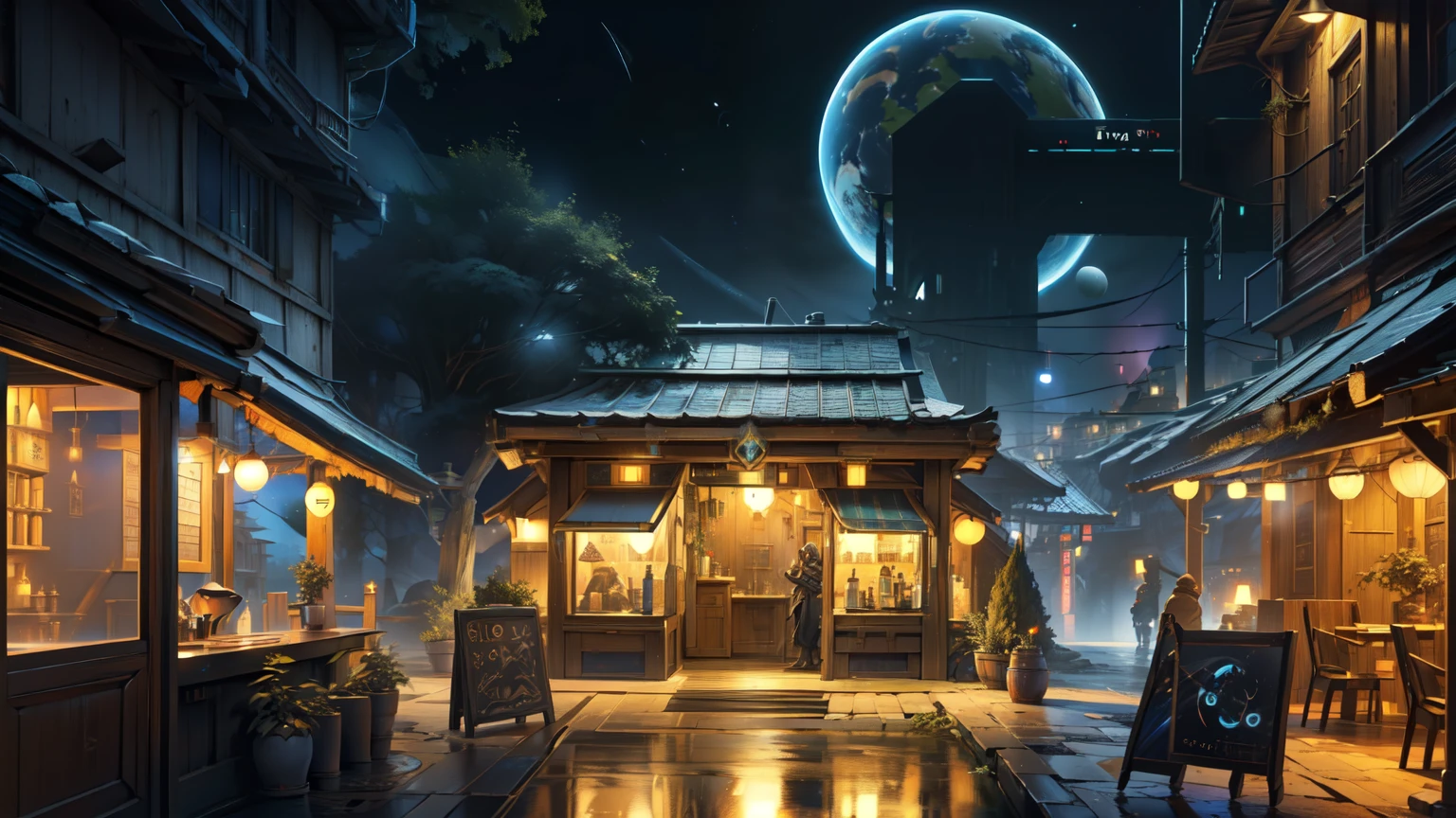 ((External shot of a tavern operating with the doors closed)), (((Futuristic))), away from the city center, (((night when the planet Gaia can be seen with the naked eye))), ((focus on the establishment)),