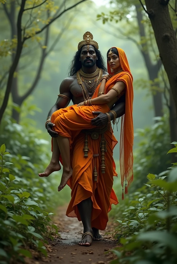 (photorealism:1.2), Ravan carrying Sita over his shoulder resting her stomach on his shoulder where her upper body dangle on his back body and her barefoot dangling from his front body in a forest (Ramayana)
Sita - A beautiful woman wearing orange saree overing her head
Ravan - A black guy wearing ornaments and dhoti (Don't show Sita's face only her foot from the front body of Ravan kidnapping)