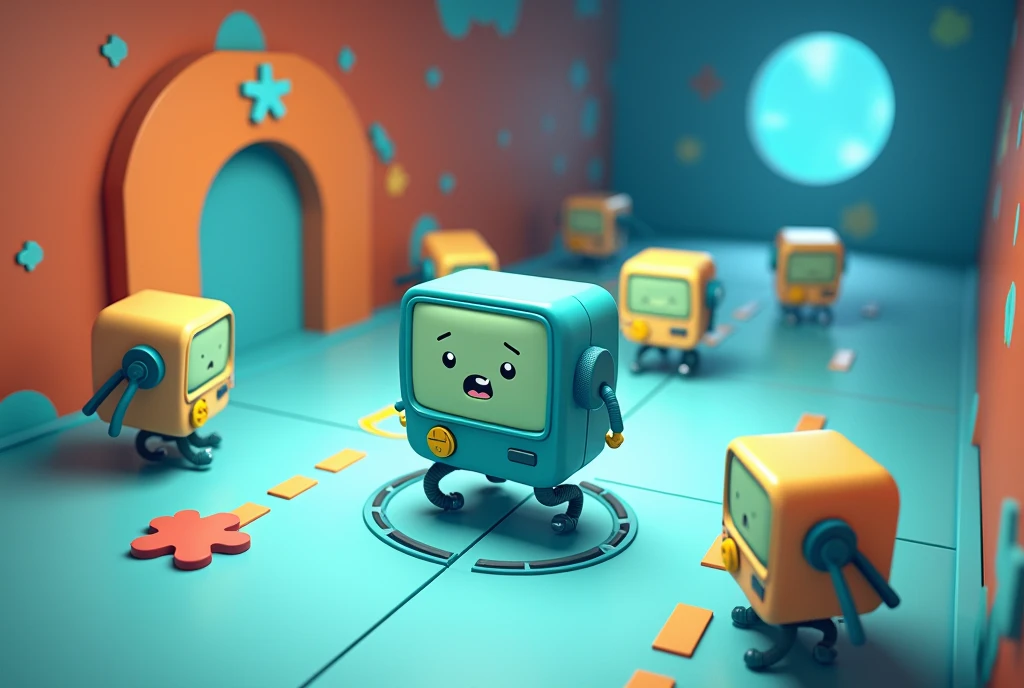 3D game screenshot, third-person camera view, stylized casual game. Main character is BMO robot from Adventure Time cartoon. Multiple similar robots running around the level. Level design resembles a test chamber. Colorful, playful atmosphere. Cartoon-style graphics, simple textures. Isometric view, game UI elements visible. Adventure Time inspired, puzzle-platformer aesthetics. Game development, 3D modeling, character design