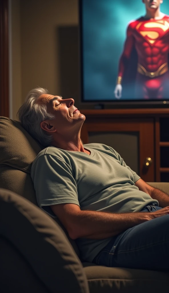 **The 60-year-old man, now back in his normal form, is shown dozing off on the sofa. He is relaxed in his casual clothes, with his head tilted and eyes closed, as the Superman movie continues to play softly on the TV in the background.**