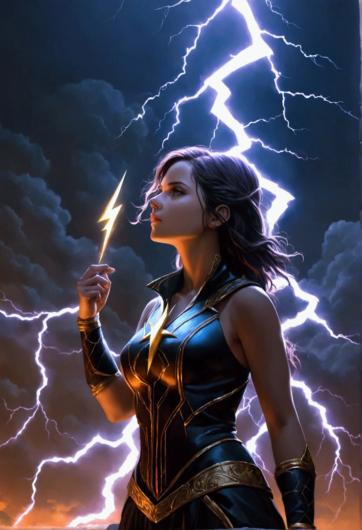 a woman holding a lightning bolt, highly detailed, cinematic lighting, dramatic pose, fantasy art, digital painting, vibrant colors, volumetric lighting, dramatic atmosphere, hyperrealistic, 8k, best quality, masterpiece