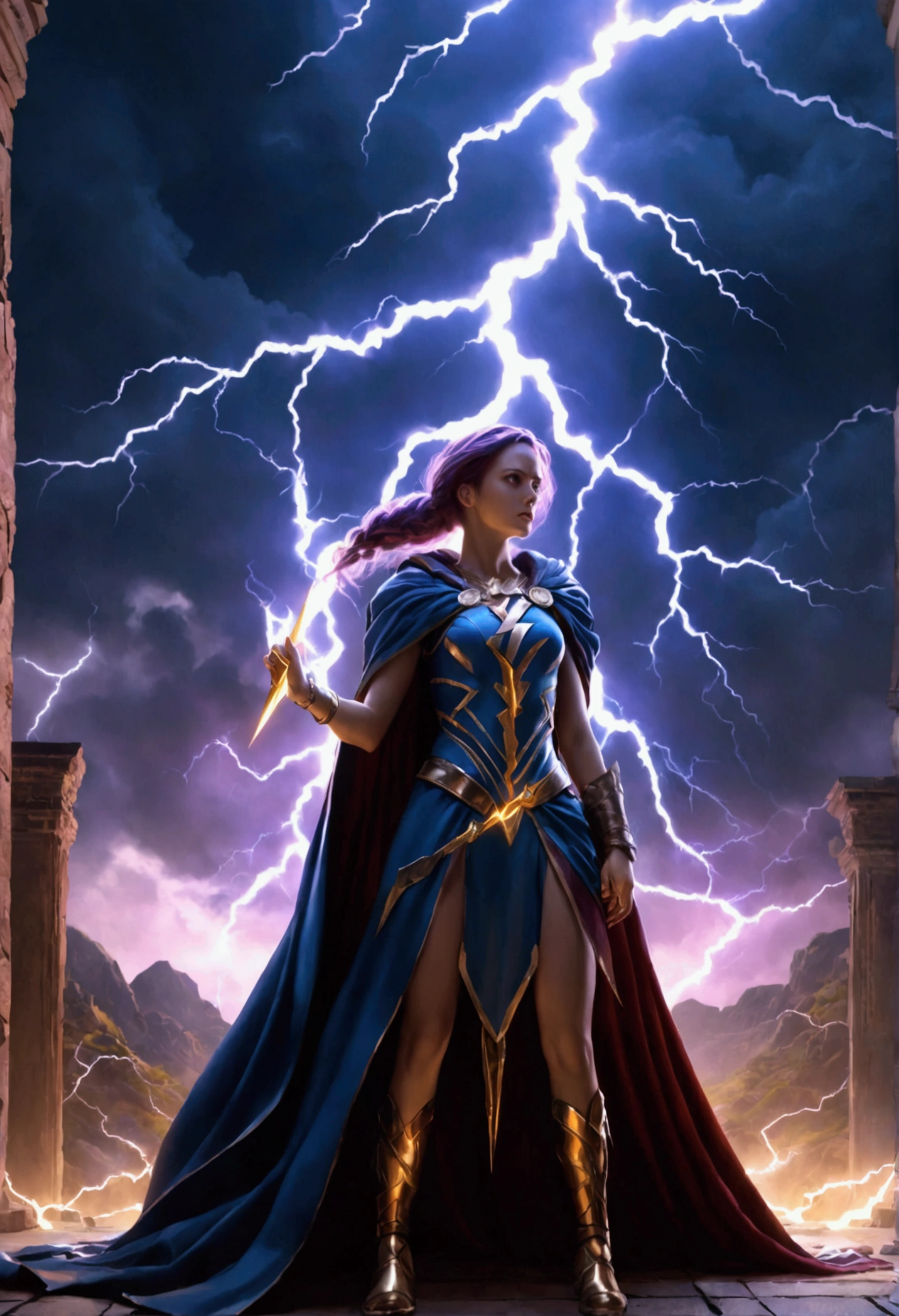 a woman holding a lightning bolt, highly detailed, cinematic lighting, dramatic pose, fantasy art, digital painting, vibrant colors, volumetric lighting, dramatic atmosphere, hyperrealistic, 8k, best quality, masterpiece