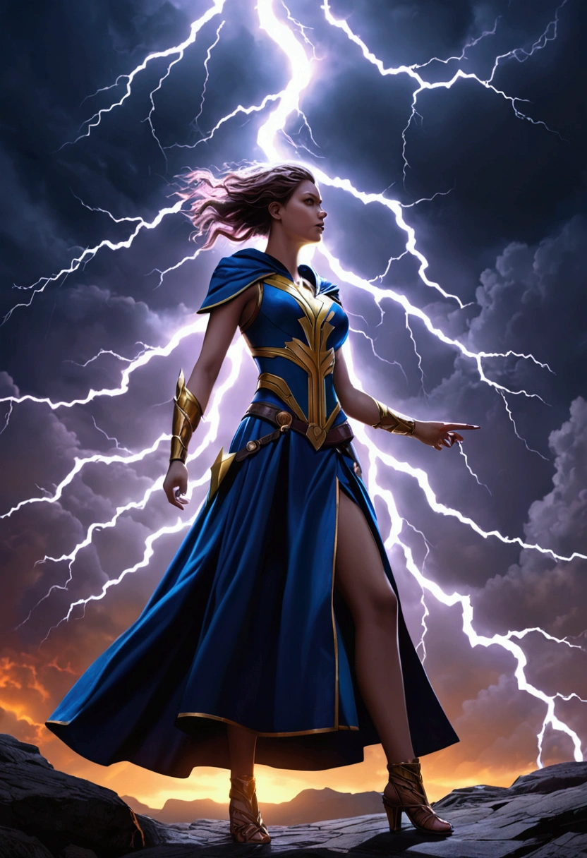 a woman holding a lightning bolt, highly detailed, cinematic lighting, dramatic pose, fantasy art, digital painting, vibrant colors, volumetric lighting, dramatic atmosphere, hyperrealistic, 8k, best quality, masterpiece