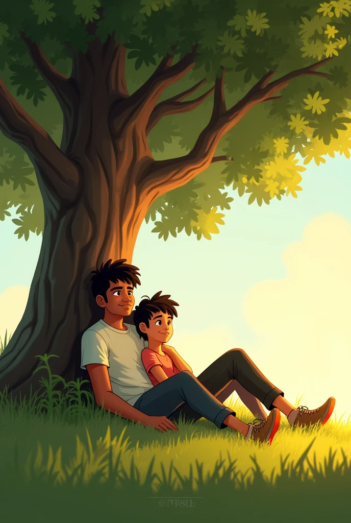 Rahul and Bruno sitting under a large, shady tree in a peaceful field. Rahul is leaning against the tree with a smile, while Bruno is lying beside him, looking content. Sunlight filters through the leaves, creating a warm and serene atmosphere.