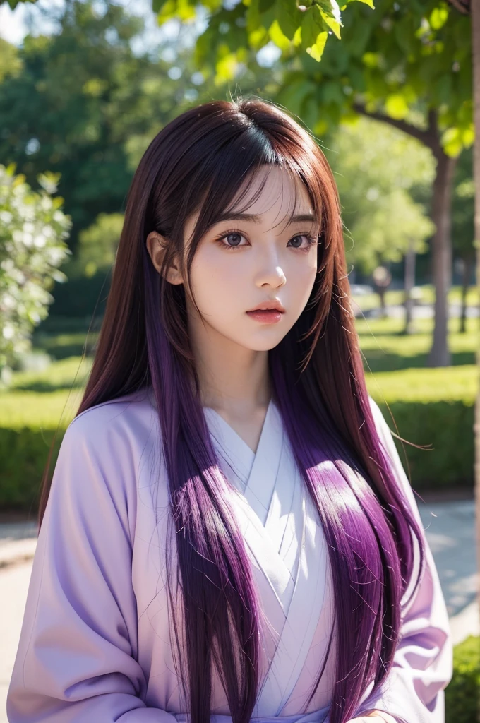 A beautiful young woman, cosplaying anime japanese girl, outside background, long smooth violet hair, detailed facial features, photorealistic, highly detailed, 8K, HDR, sunny lighting, masterpiece