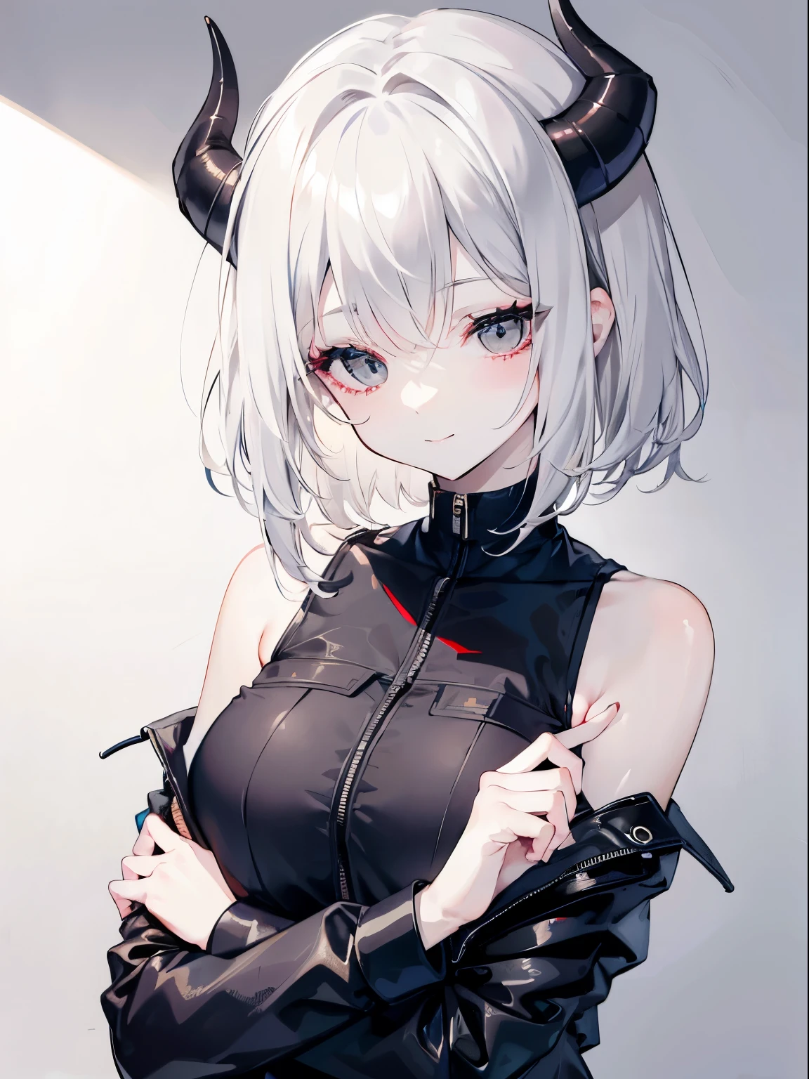 adult woman, White hair, (shoulder-length hair), ((grey eyes)), police uniform, cute face, Pretty appearance, kind look, Cozy atmosphere, kindness and positivity, nice smile, closed mouth, closed clothing, (((plain background))), (horns), Demon Girl, short hair