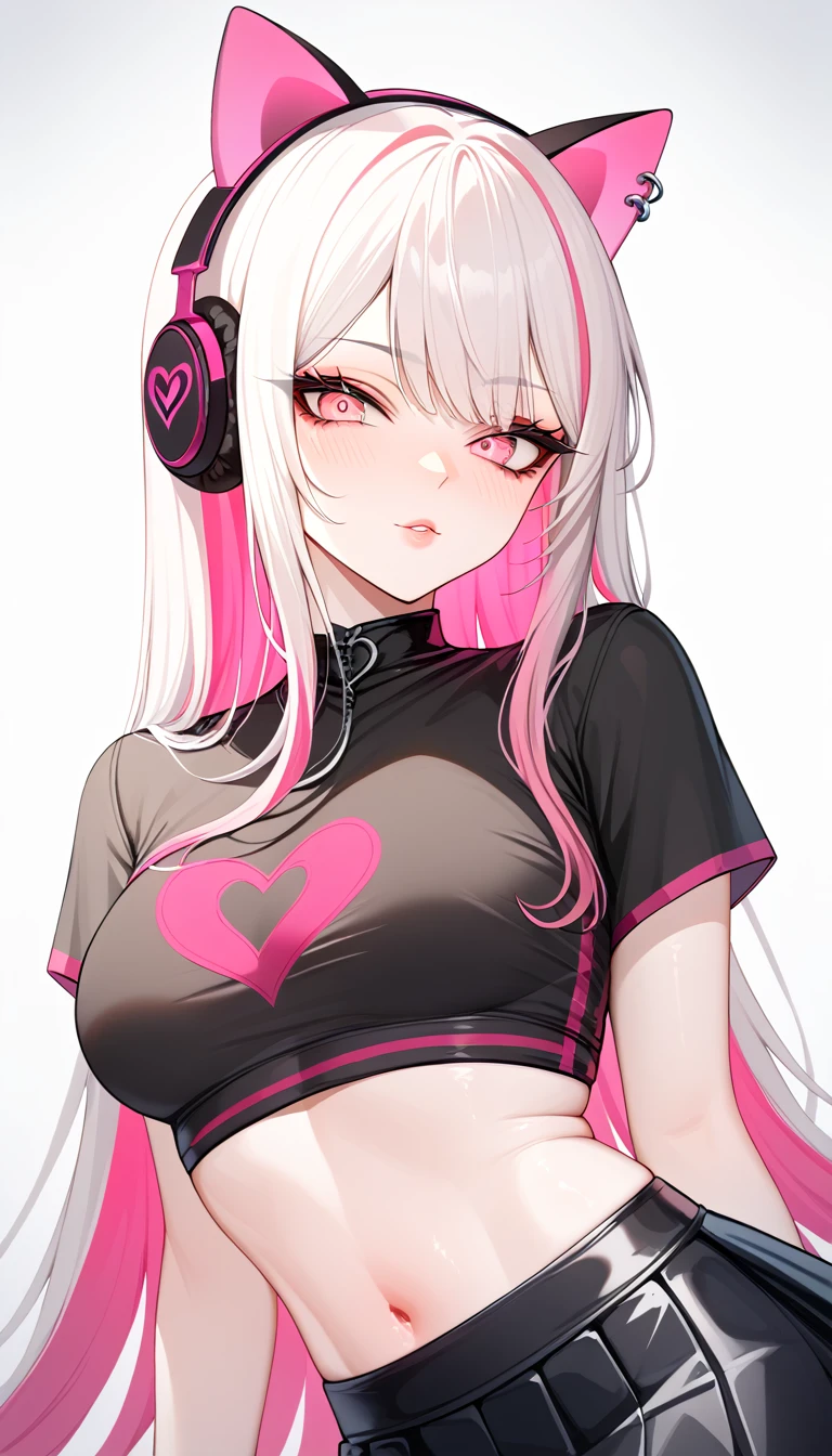 1 Girl, Medium Breasts, Demon Girl, Long White Hair, Pink Highlights In Hair, Smooth Skin, Pale Skin Tone, Nice Eyes, Light Pink Eyes, Nice Lips, Light Blush, Anime Goth Demon Girl, Wearing a Black Skirt and Lace Crop Top Shirt, Choke, Wearing Cat Ear Headphones, Ulzzang, Upper Body Shot, Close Up, Sitting Down