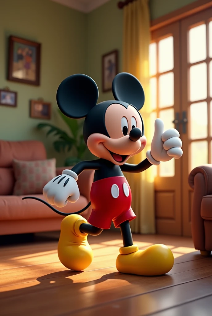 Mickey mouse is walking in the house