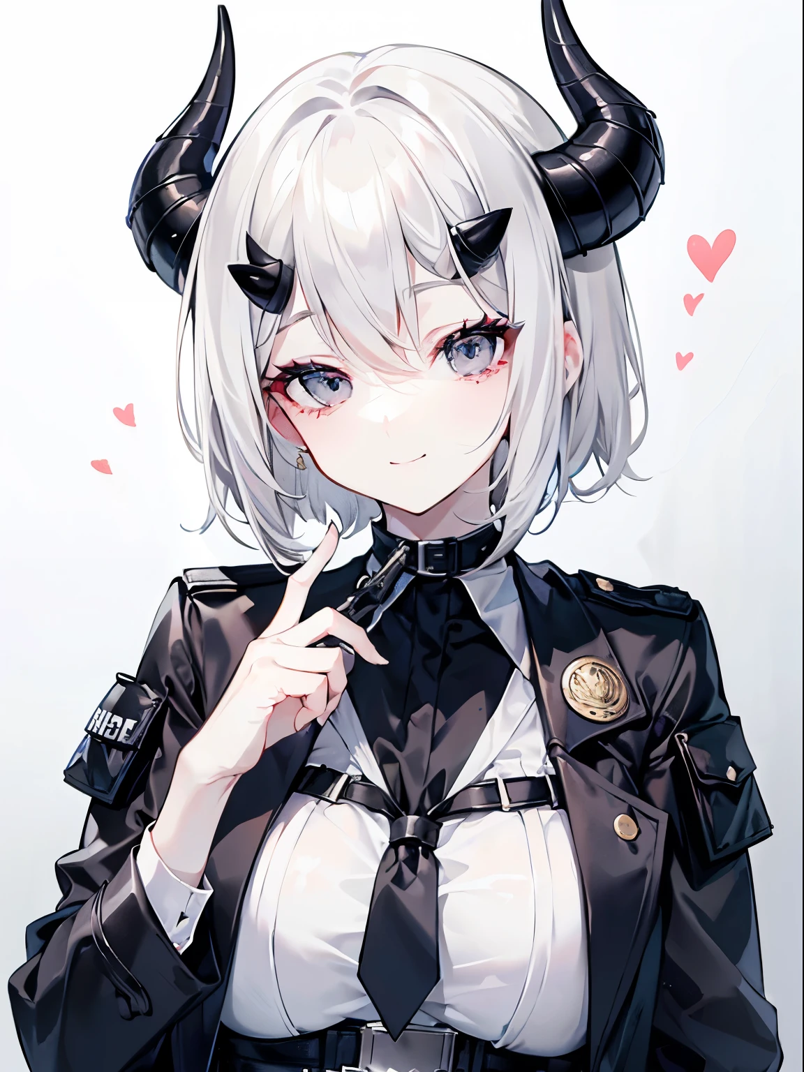 adult woman, White hair, (shoulder-length hair), ((grey eyes)), police uniform, cute face, Pretty appearance, kind look, Cozy atmosphere, kindness and positivity, nice smile, closed mouth, closed clothing, (((plain background))), (horns), Demon Girl, short hair