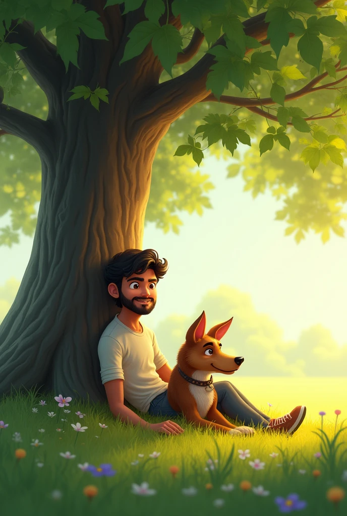 Rahul and dog sitting under a large, shady tree in a peaceful field. Rahul is leaning against the tree with a smile, while Bruno is lying beside him, looking content. Sunlight filters through the leaves, creating a warm and serene atmosphere.
