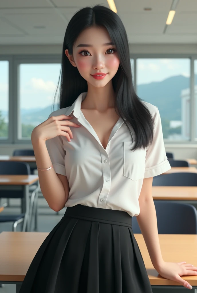 Thai women 1 are cute, with lots of cheeks with with skin, black stright hair, (no bra, Take your hand and open your shirt.), wearing a Thai student uniform, a white short-sleeved shirt, a black short skirt Show thighs, sitting with leg open and posing in a modern classroom. The background is a classroom, modern student desks and chairs. The most realistic picture.