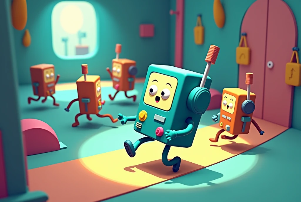 3D game screenshot, third-person camera view, stylized casual game. Main character is BMO robot from Adventure Time cartoon. Multiple similar robots running around the level. Level design resembles a test chamber. Colorful, playful atmosphere. Cartoon-style graphics, simple textures. Isometric view, game UI elements visible. Adventure Time inspired, puzzle-platformer aesthetics. Game development, 3D modeling, character design