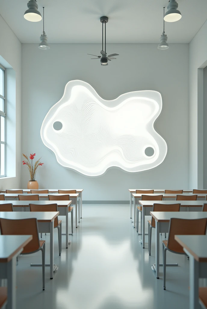 Classroom with realistic surreal whiteboard