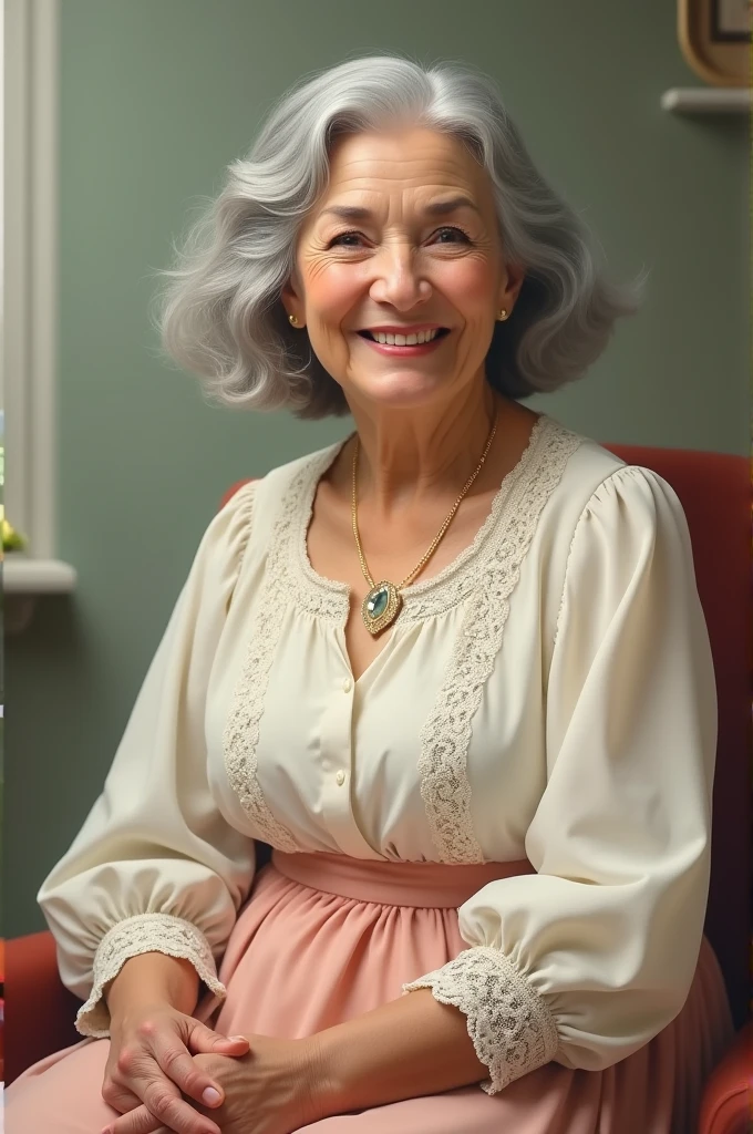 An older grey-haired lady with skirt and white blouse with lace smiling