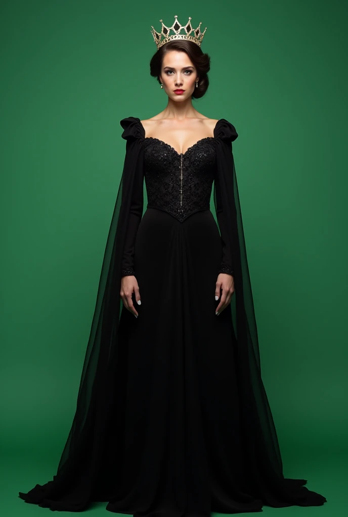 crown on the head ,A queen , black queen dress, front full viewed , long view
, plain green screen background
