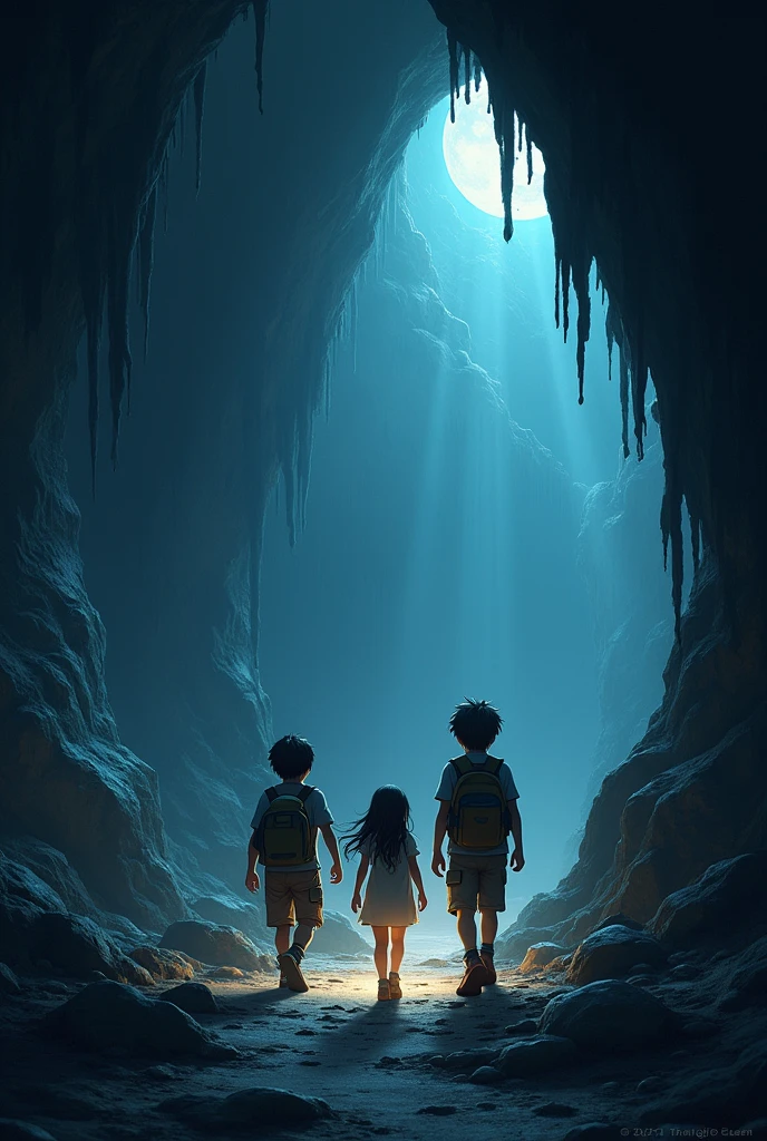 Two boys and a girl in a cave at night