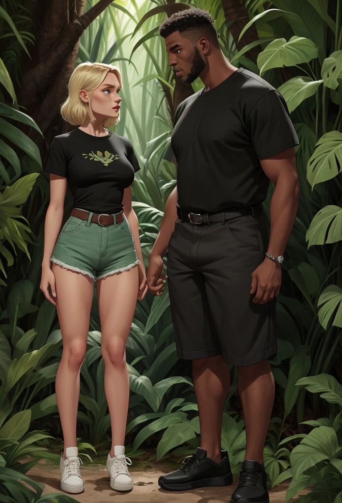 ("man much shorter than woman"),tropical forest, a 2 meter tall blonde woman, wearing It Girl High Waist Jean Shorts and a short dry fit t-shirt, next to a 1.74 meter tall black man, wearing green dry fit shorts and a black t-shirt, wearing leather shoes, surviving in a tropical forest, man shorter than the woman, black man, white women, hyper detailed, full hd, 4k, man shorter than the woman hyper realistic