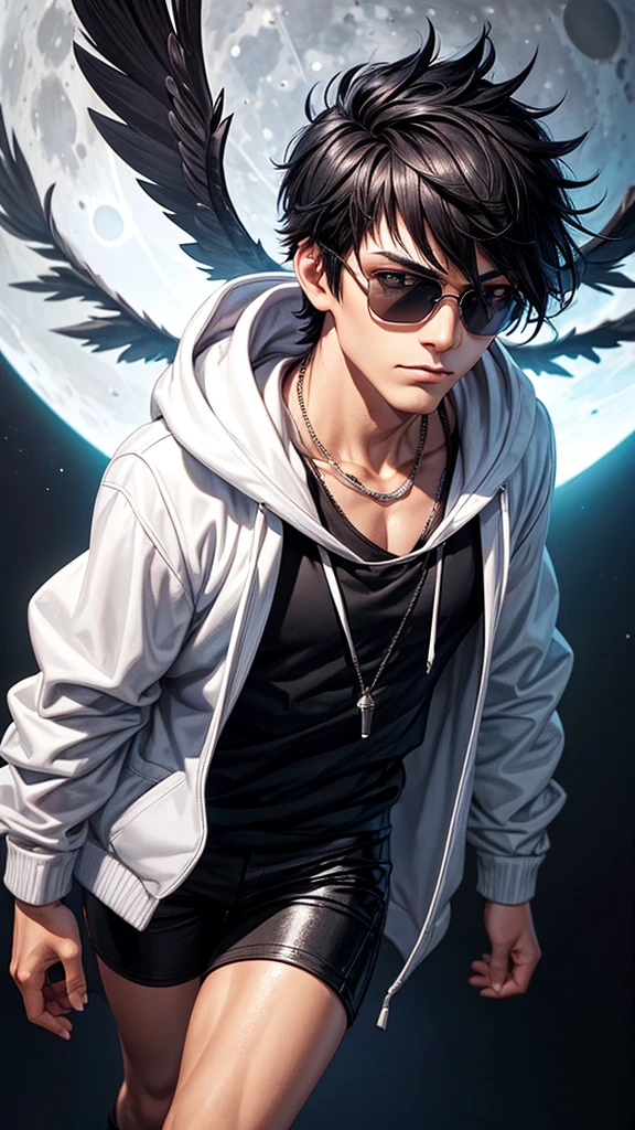A close-up of a man wearing a hoodie with wings, Realistic 3D anime style, wiccan, The ager has very short black hair, shaved sides combed forward shaggy with pointed shaggy bangs short cumbia inspired, on the moon, Full body of the character,with black sunglasses, angel tron, secondlife, grey anthropomorphic, something androgenic, por Mark Brooks, Full body CGsociety, well done hands