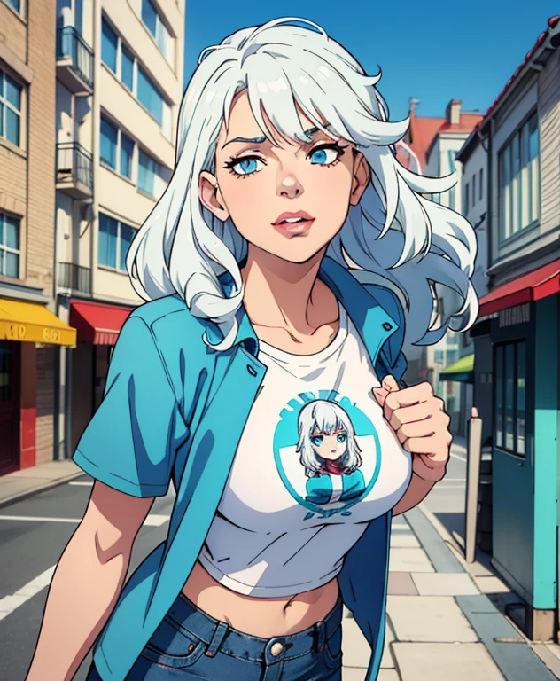 {4k image}, 1 Beautiful woman, 1, curly silver white hair , pales skin, athletic body, turquoise blue eyes, wide lips, wearing a red t-shirt and blue jeans jacket, streetwear clothings,background city (unfocused), manga lineart (with colors), {full body photo}, {centered image}